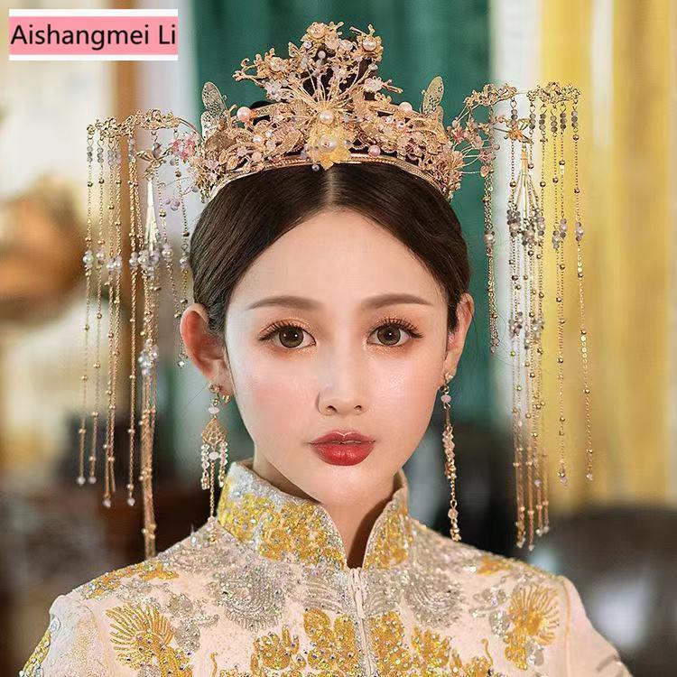 [Aishang Trang Sức Đẹp] Vương Miện Phượng Hoàng Vàng Trung Hoa Cổ Điển Tua Rua Dài Trang Phục Cưới Xiuhe Cho Cô Dâu