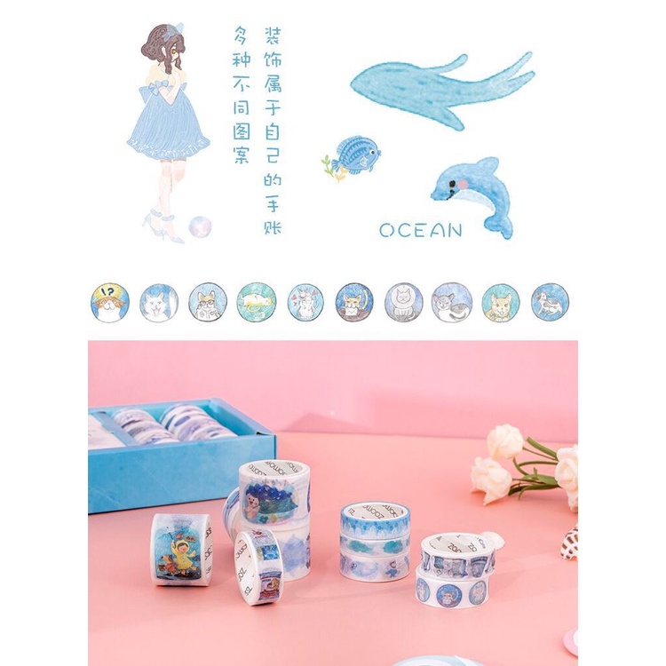 Taeyang369hz Set 10 Cuộn Băng Dính Washi Tape + 10 Tấm Sticker Trang Trí Sổ Tay Planner Bullet Journal Scrapbook M03