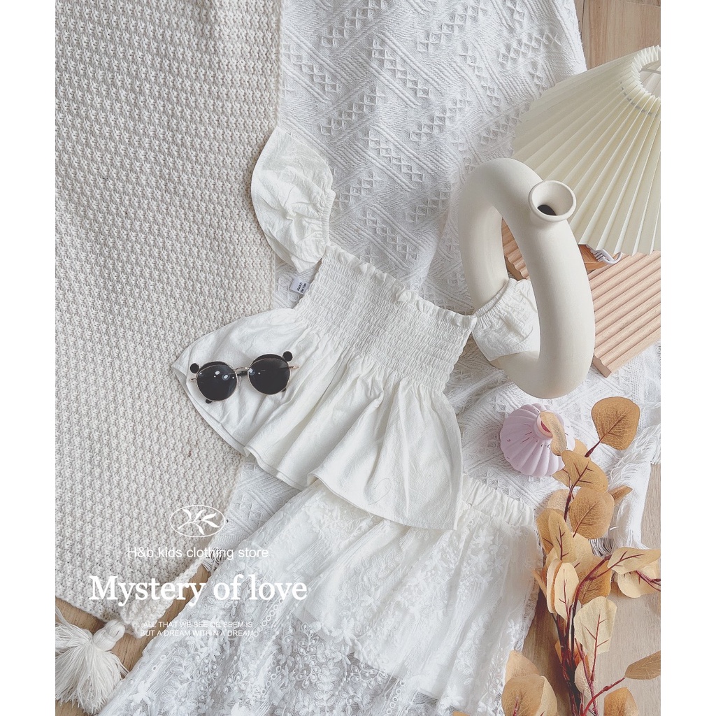 Set bộ váy maxi trắng đi biển phối ren siêu yêu cho bé S4BT9
