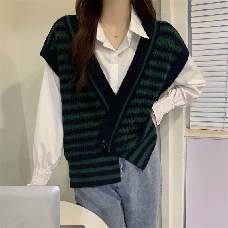 Áo dệt kim không tay dáng rộng phong cách vintage hàn quốc dành cho nữ
