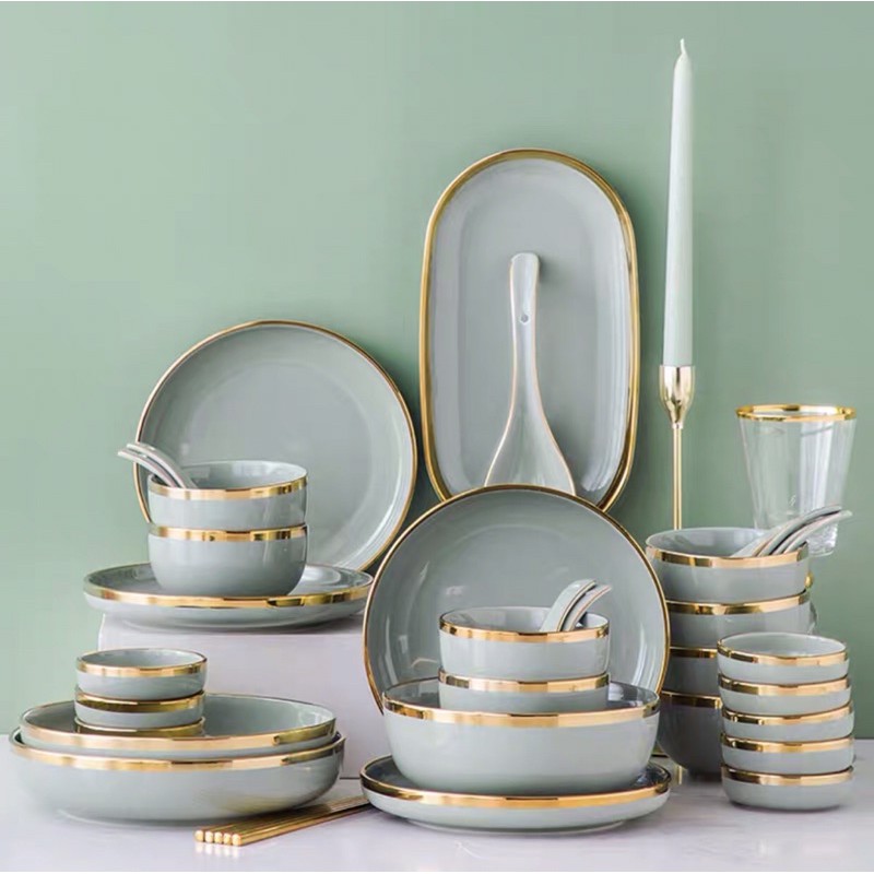 Set bát đĩa viền dát vàng 24k sứ xương cao cấp xanh ngọc bích