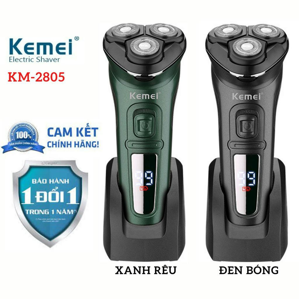 Máy cạo râu Kemei KM-2805, dao cạo râu điện 3 lưỡi tròn tự mài sắc, chống nước IPX7, động cơ đồng 5W - Chính hãng