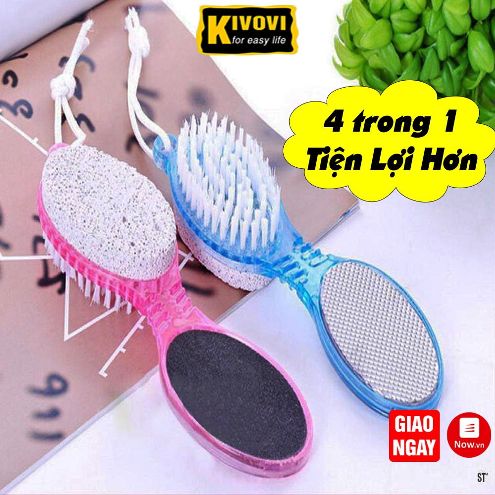 Dụng Cụ Chà Gót Chân 4 in 1 - Cây Chà Gót Chân Bàn Chải Lông Mềm, Đá Mài Gót Chân, Bàn Chà Nhám - Kivovi