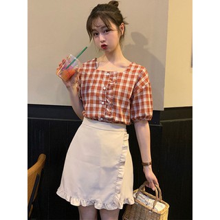 Áo kẻ sọc cổ vuông + váy cạp cao Học sinh nữ Hàn Quốc