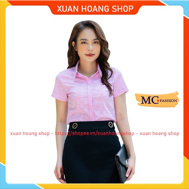 Áo Sơ Mi Nữ Công Sở Mc Fashion, Size Đủ, Kẻ Sọc Caro, Tay Ngắn Cộc Đẹp  Vải Lụa, Màu Xanh Tím Than Trắng Hồng Đỏ, A652