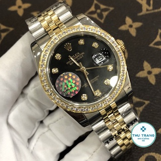 Đồng hồ Nam Rolex máy nhật, mẫu classic, mặt đen viền vàng đính đá dây kim loại, dòng cơ Automatic size 39mm-40mm