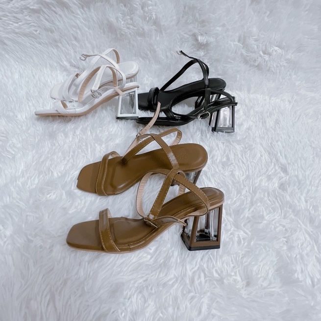 Guốc/ giày sandal cao gót 7 phân dây đan chéo sau gót vuông sang chảnh dễ đi phong cách trẻ trung