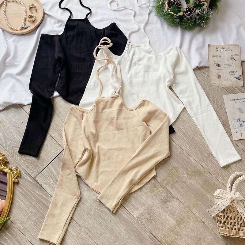 Áo thun gân len bẹt vai cổ yếm ba màu 💜💜💜💜N87777