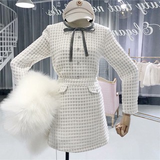 Set váy dạ vải Tweed cổ nơ
