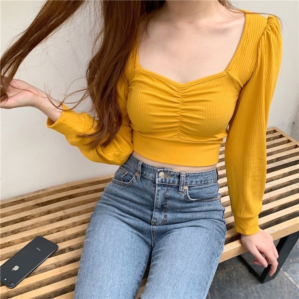 UIOWOO  Áo croptop tay phồng dài cổ vuông phong cách vintage phương Tây cho nữ