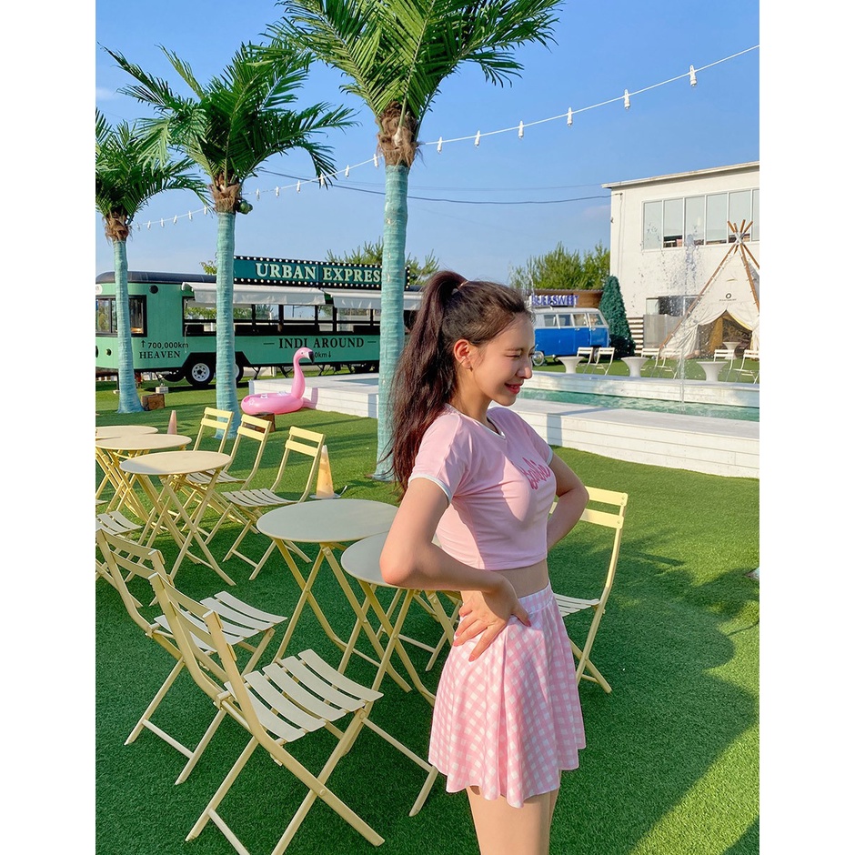 Bikini, đồ bơi nữ 3 mảnh crotop quần bơi chân váy hồng babie. đồ học bơi, đi biển Hàn Quốc vải cao cấp