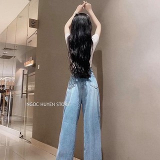Quần jeans nữ ống rộng màu xanh - Quần bò ống rộng rách gối - CM Shop