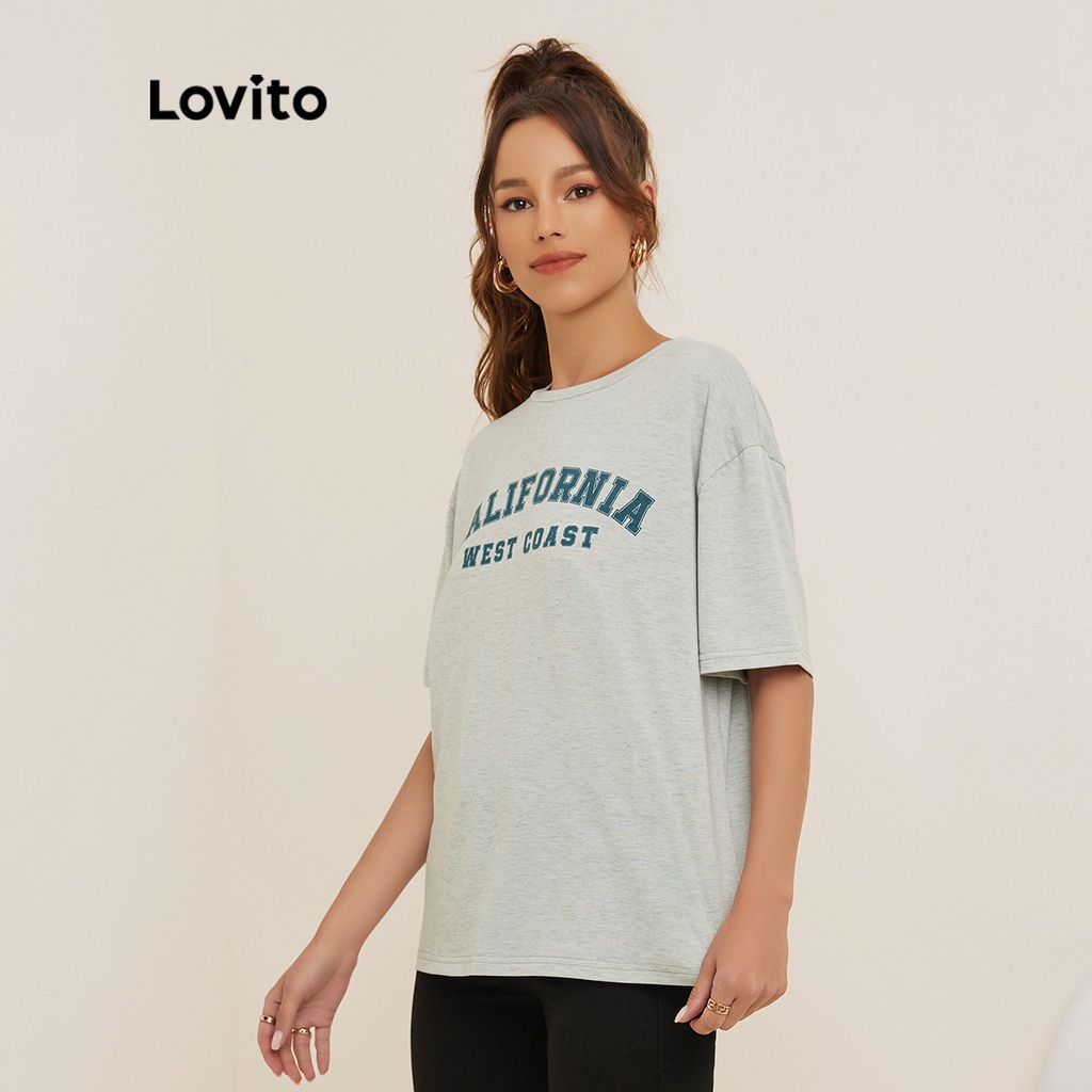 Áo thun Lovito họa tiết chữ cổ tròn phong cách thường ngày L19D235 (màu xám)