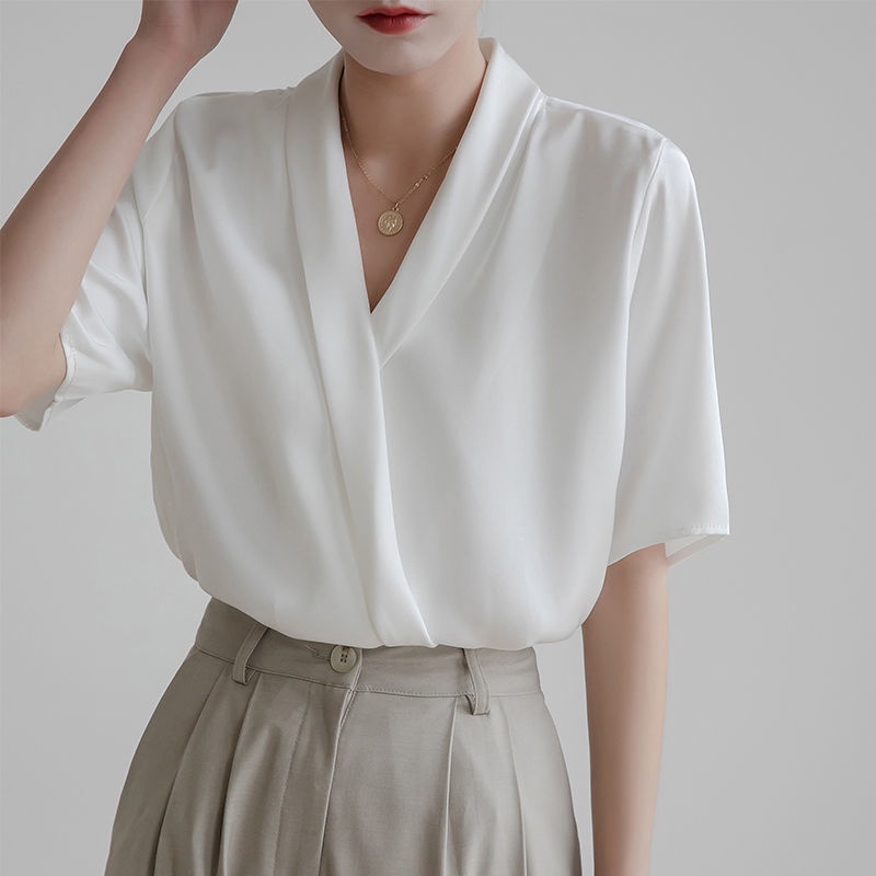 Áo Sơ Mi Tay Ngắn Cổ Chữ V Dáng Rộng Vải satin Thời Trang Mùa Hè Cho Nữ