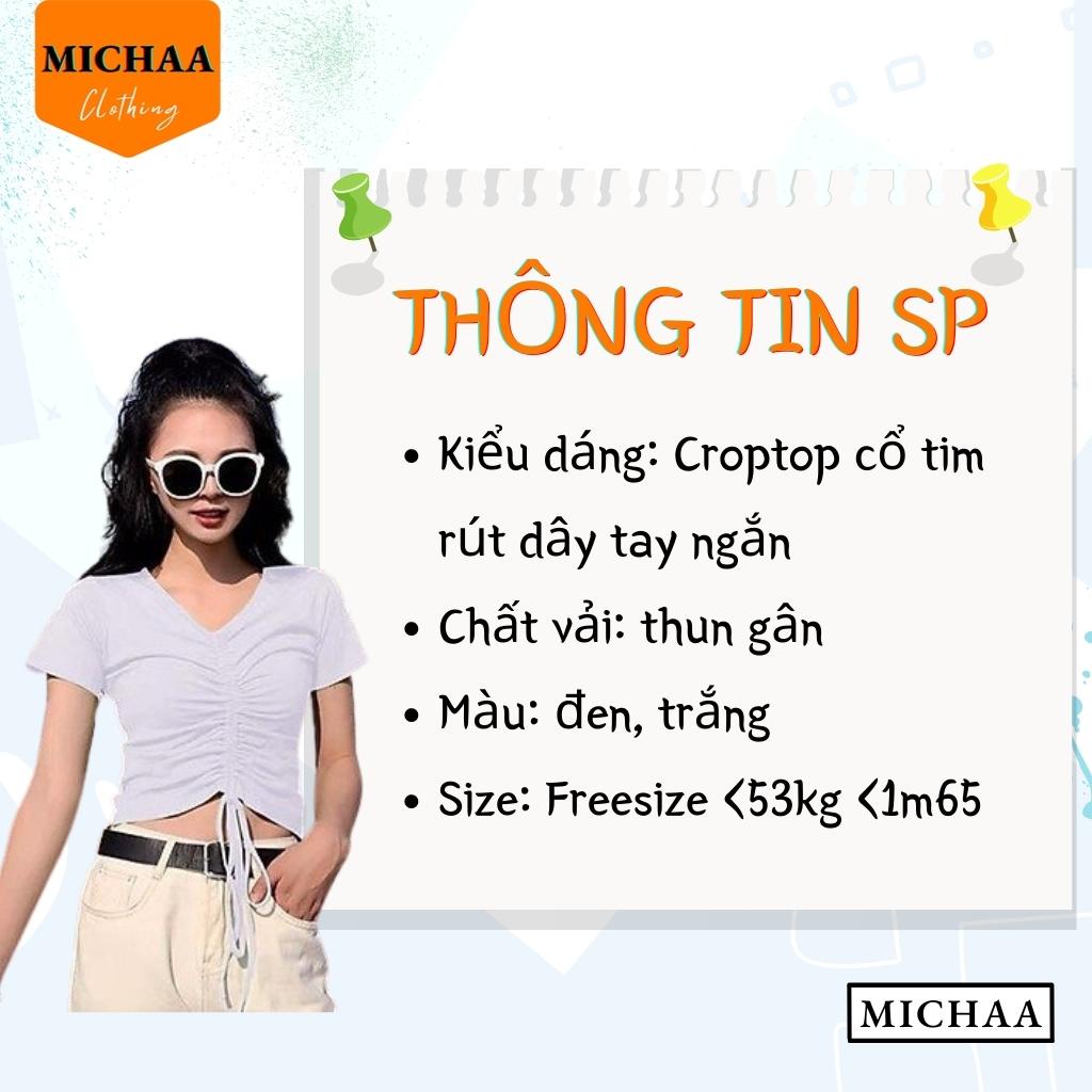 Áo Croptop RÚT DÂY Nữ Tay Ngắn Kiểu Cổ Tim Chất Thun Gân - MICHAA