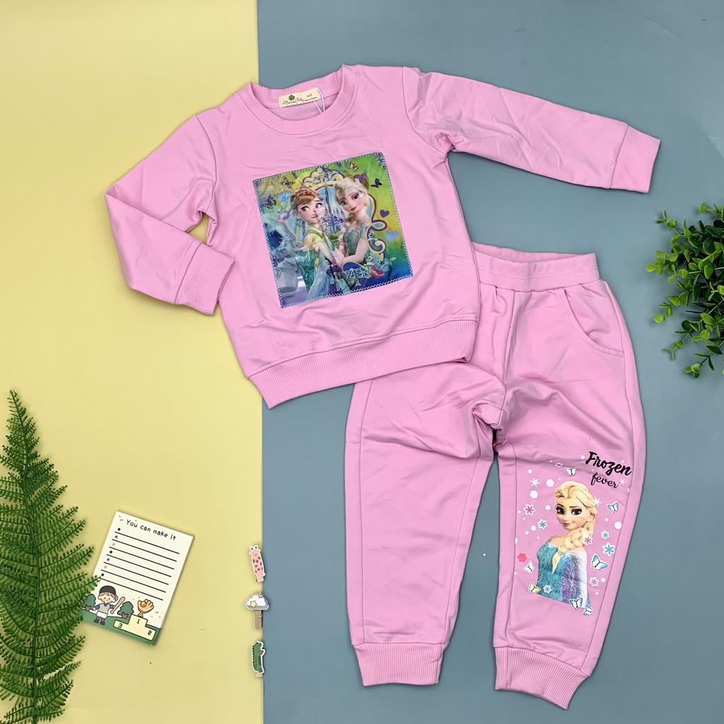 Bộ nỉ da cá thu đông dài tay hình Elsa 3D bé gái size 3-10T, cho bạn từ 12-30kg. Chất cotton ấm dày dặn, đanh tay, đẹp