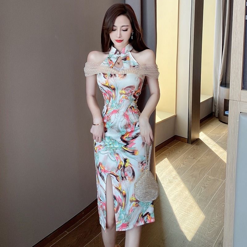 Đầm sườn xám cách tân màu sắc retro quyến rũ thời trang mùa hè cho nữ 2021