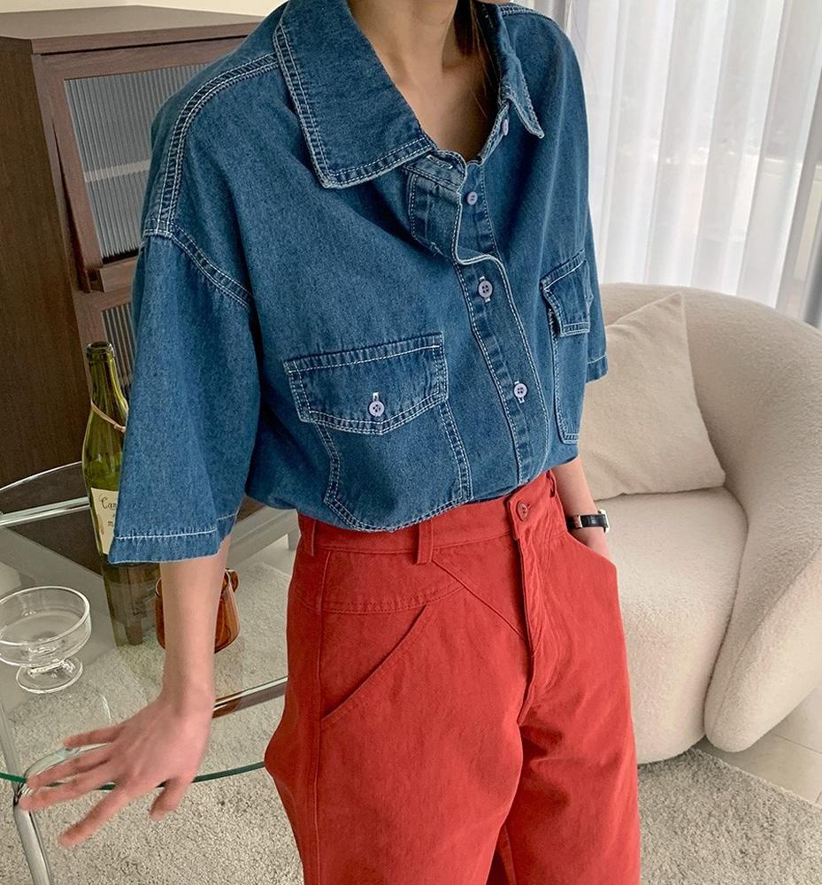 Áo Sơ Mi Denim Tay Ngắn Dáng Rộng Phối Hai Túi Thời Trang 50464