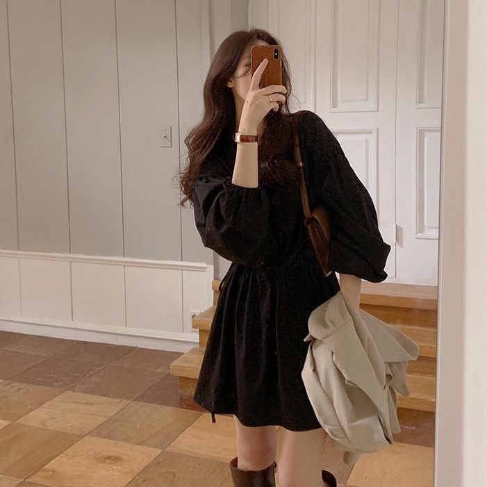 Đầm tay dài cổ tròn cột dây phong cách Hàn Quốc thanh lịch 46261