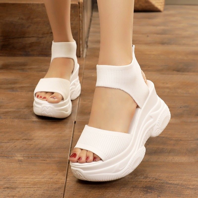 Giày Cao Gót Đi Biển Dệt Kim Co Giãn Thời Trang Mùa Hè