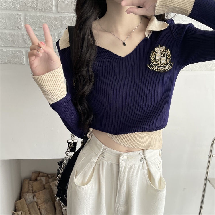 Áo polo Dệt Kim Tay Dài Dáng Ôm Lưng Cao Thời Trang Mùa Thu Cho Nữ