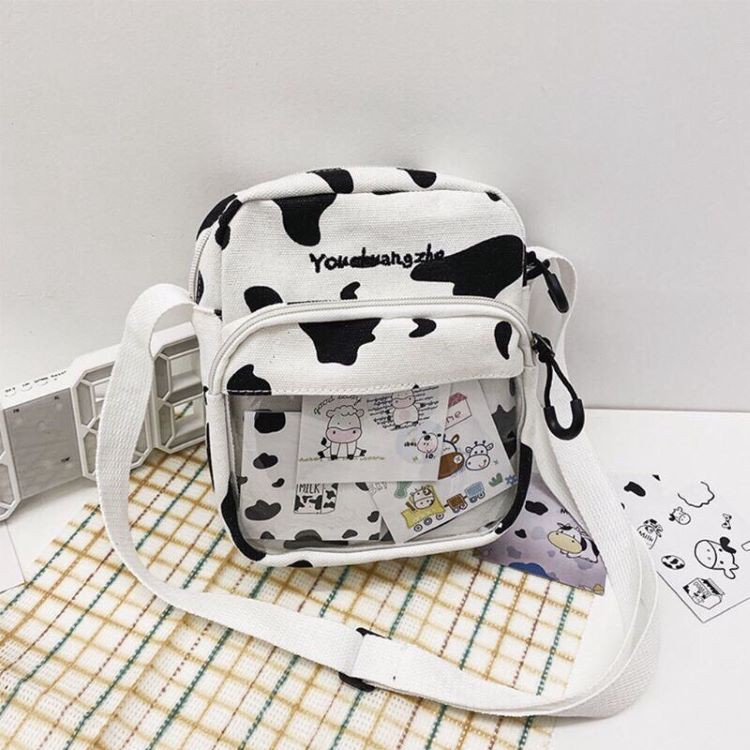 Túi tote vải canvas đeo chéo in hình bò sữa bóng kính siêu dễ thương phong cách thời trang Hàn Quốc