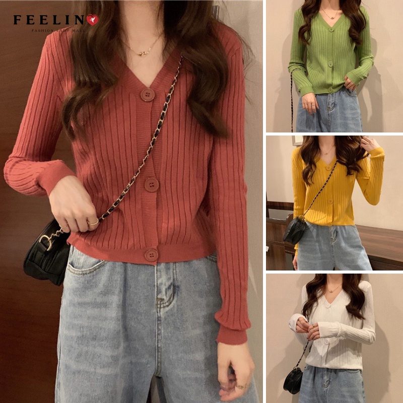 Áo Khoác Cardigan Dệt Kim Cổ Tim Xinh Xắn Cho Nữ Chất Len Tăm Phong Cách Ulzzang Hàn Quốc Nhiều Màu