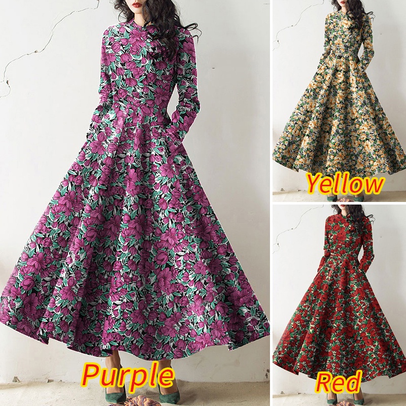 Đầm ZANZEA maxi dáng xòe dài phối khóa kéo lưng tay dài in hoạ tiết vintage cho nữ