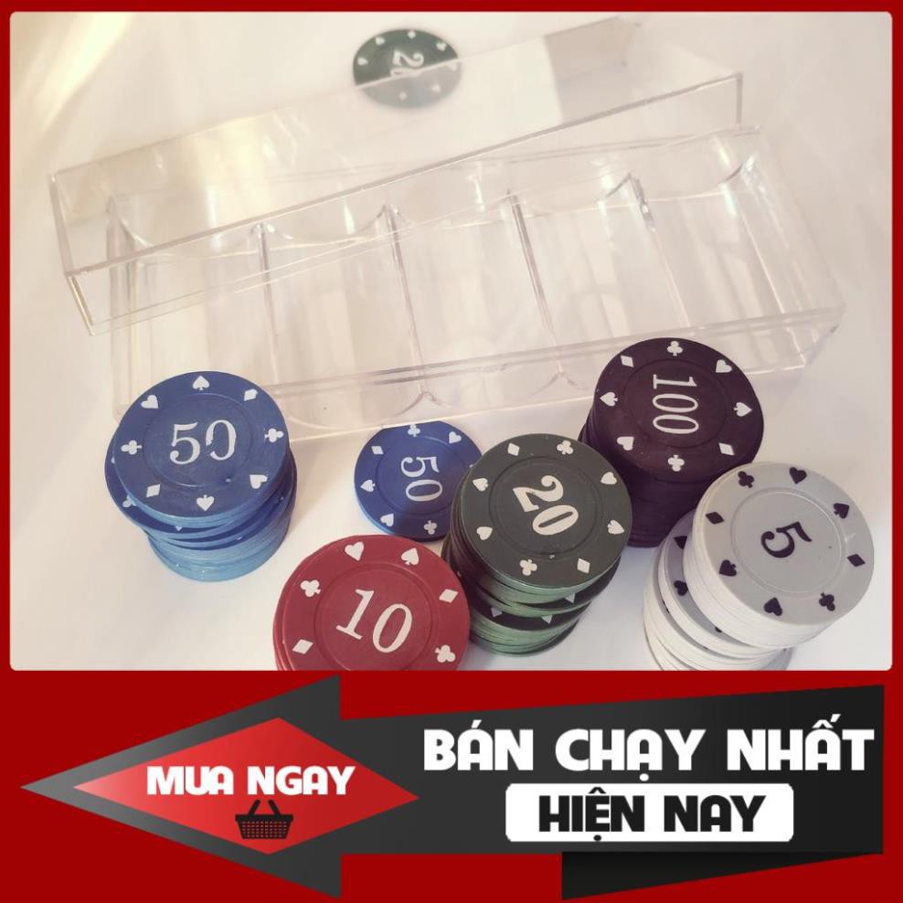 Bộ 100 chip poker có số ( phỉnh poker ) chất nhựa ABS cao cấp hình in sắc nét, có khay nhựa tặng kèm