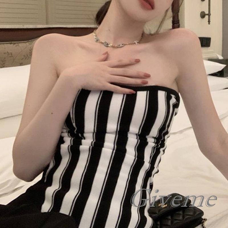 Áo Ống Dệt Kim Trễ Vai Kẻ Sọc Thời Trang Cho Nữ