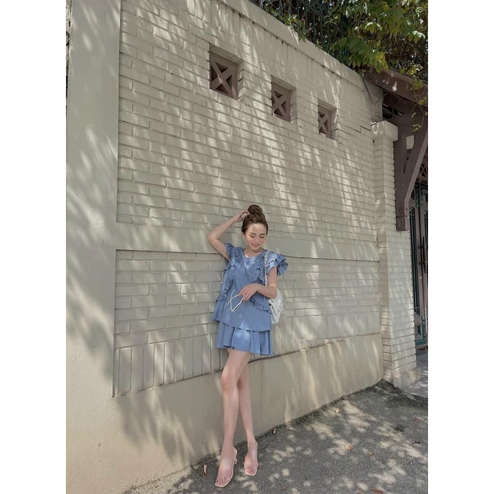 Set đồ nữ đẹp, set trang phục, quần đùi xòe áo sát nách xếp bèo cực xinh