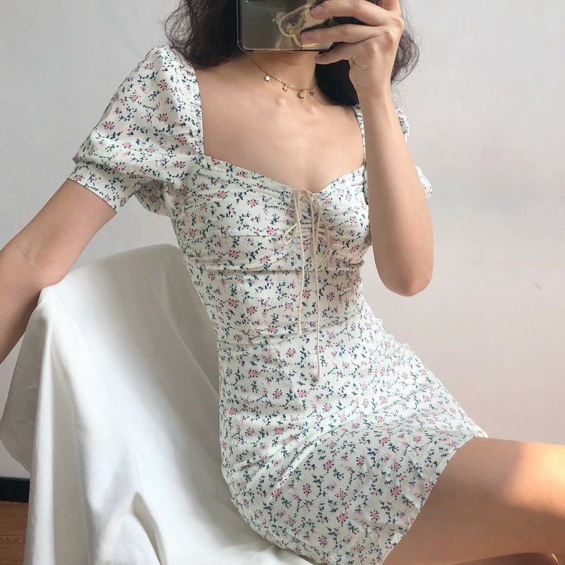 Trend Queen  Ready Stock 2021 New Korean Style Women Fashion Chiffon Square Neck Puff Sleeve Short Sleeve Floral Dress Mini Dresses ready stock new