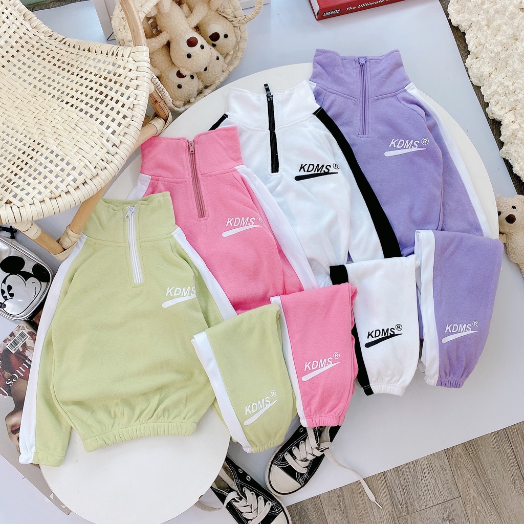 Bộ quần áo thu đông bé gái dài tay cổ cao khóa kéo, ống quần bo chun cho bé gái từ 8-18kg