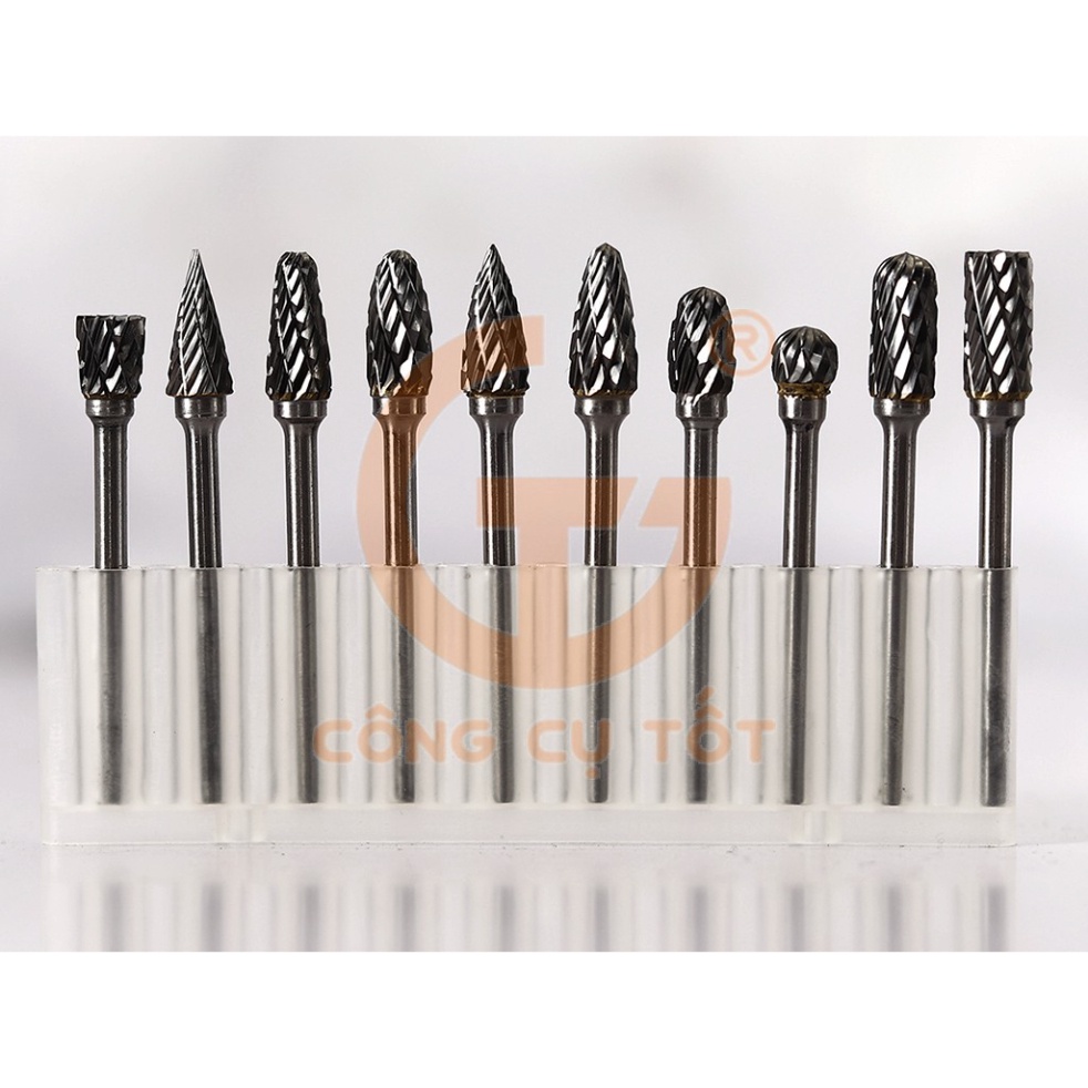 Bộ 10 đầu doa trạm khắc gỗ vonfram cỡ 4/5/6mm trục cốt 3ly