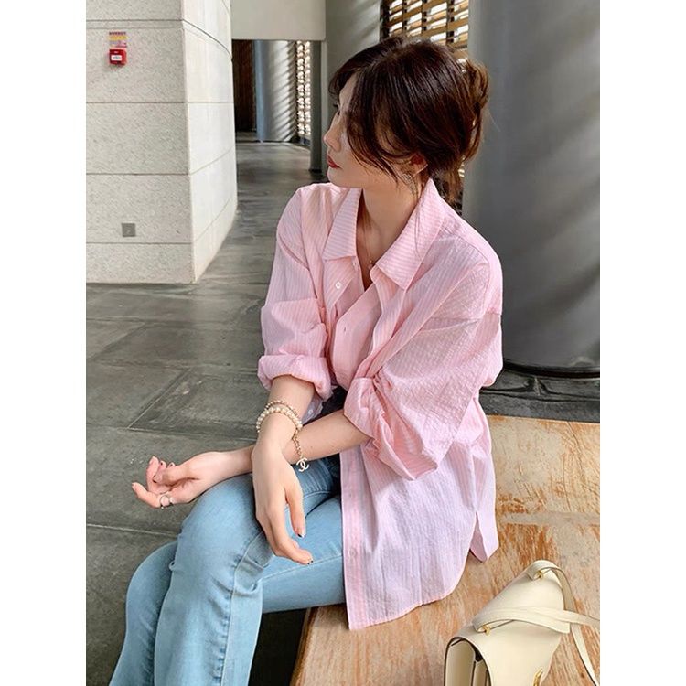 Áo Sơ Mi Nữ Kẻ Đuôi Tôm Vải Xốp Dài Tay Dáng Thụng 2 Màu F038