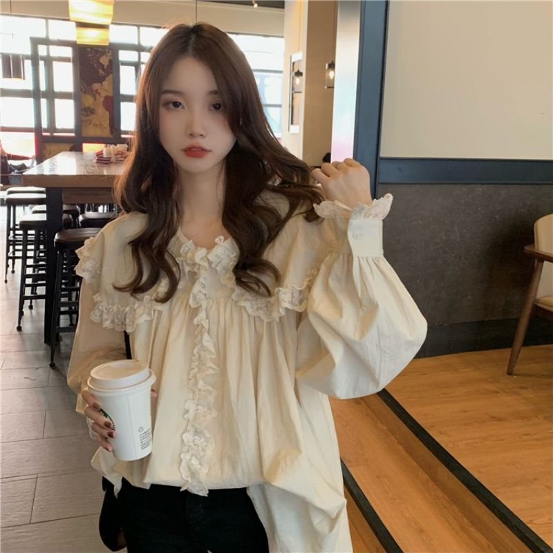 Áo Sơ Mi Cổ Búp Bê Phối Ren Màu Trơn Thời Trang Cho Nữ