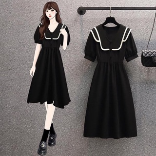 Đầm vải maxi đen cổ thủy thủ viền trắng big size trẻ trung 65-85kg