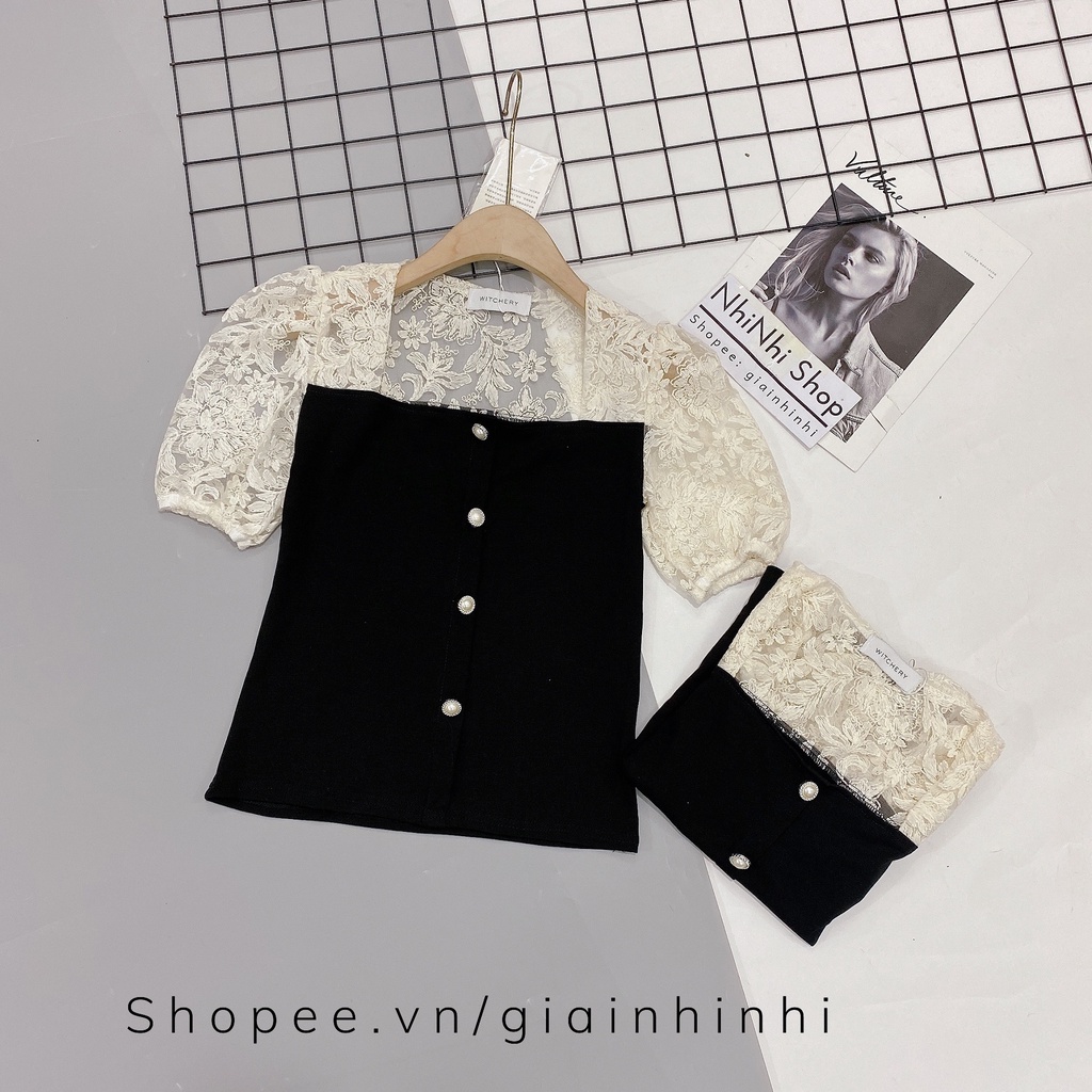 Áo kiểu cổ vuông tay ren chất thun zip vai bồng cúc giữa AK6507 - NhiNhi Shop