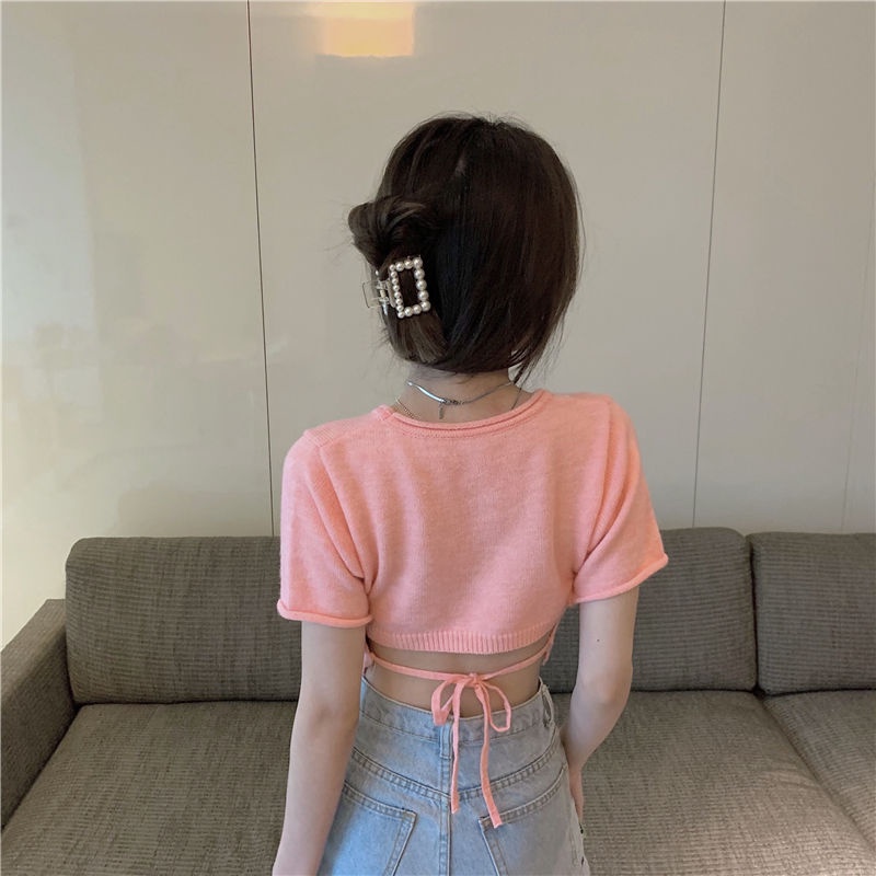 Áo Dệt Kim Ngắn Tay Thắt Nơ Dáng Ôm Thời Trang Mùa Hè Hàng Mới Dành Cho Bạn Nữ