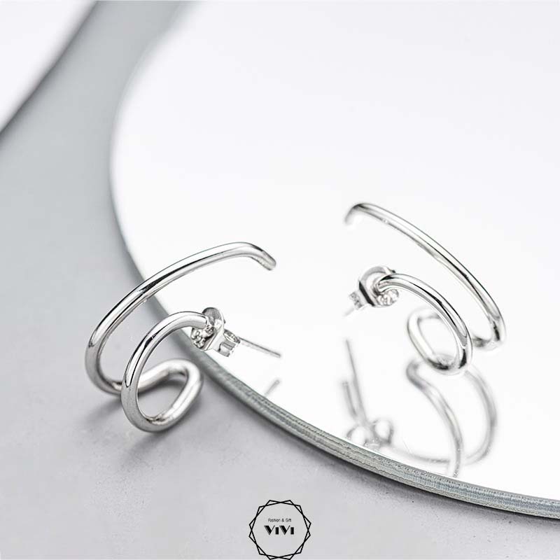 Bông tai bạc nam phong cách chữ C đôi – khuyên tai ViVi_Gift