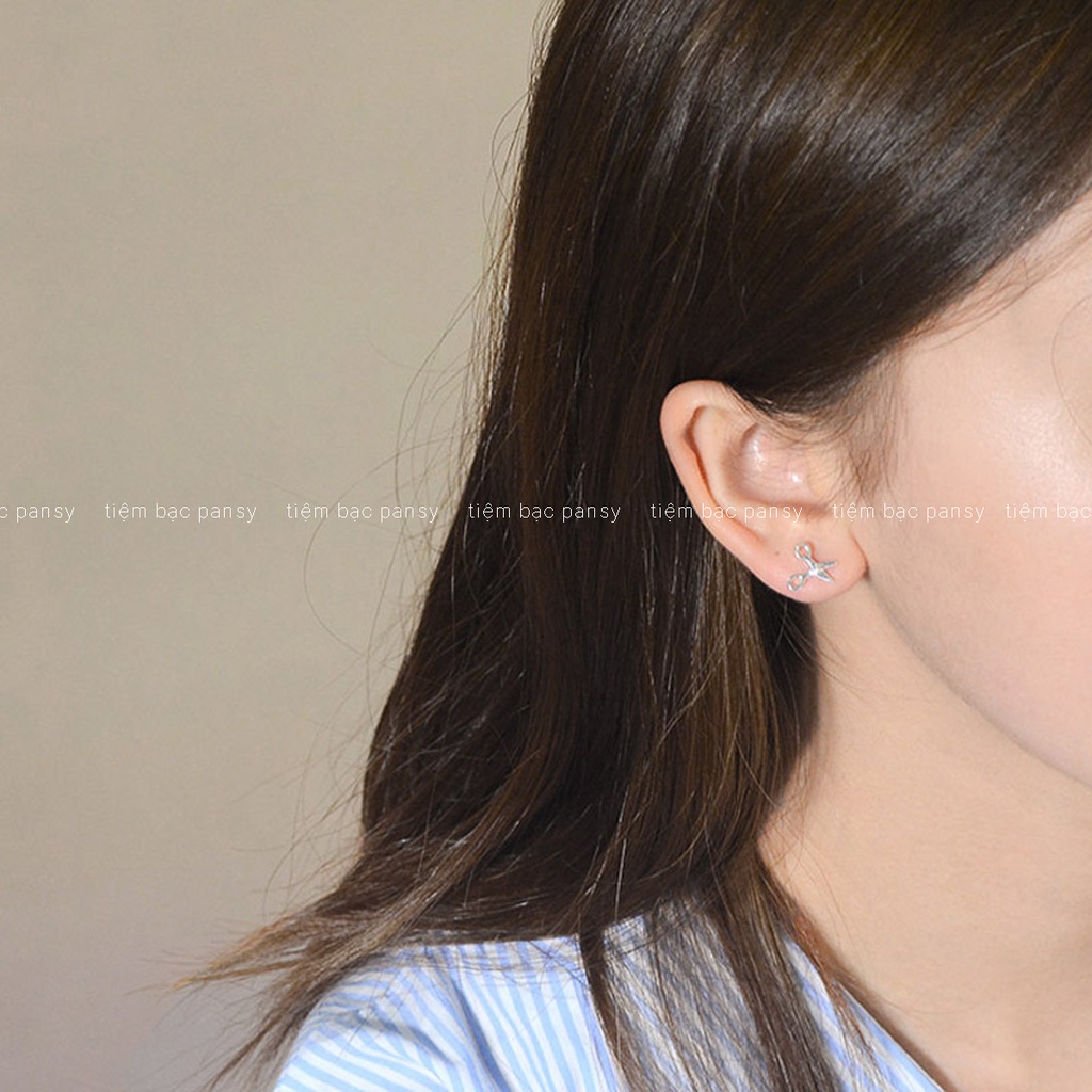 Khuyên tai bạc nam nữ PANSY hình chiếc kéo độc đáo, hoa tai unisex bằng bạc ta 925 cá tính giá chất