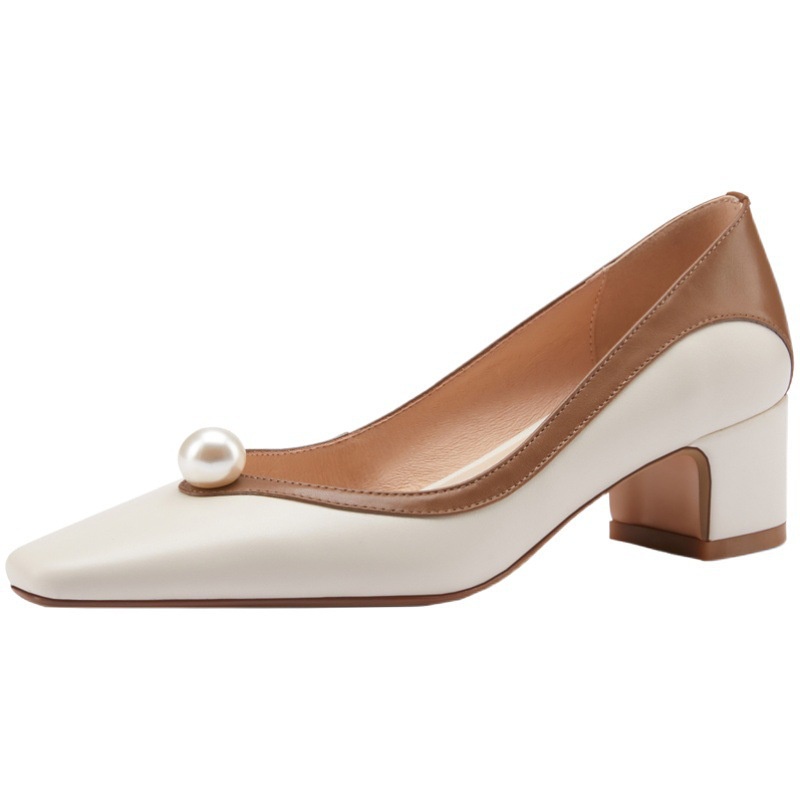 Giày Cao Gót Mũi Vuông Đính Ngọc Trai Nhân Tạo Phong Cách Pháp Cổ Điển Thời Trang Mùa Xuân 2022 Mới Dành Cho Nữ