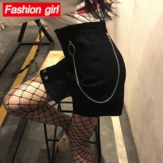 Chân Váy Denim Ngắn Lưng Cao Phối Dây Xích Phong Cách Hồng Kông Harajuku Gợi Cảm Dễ Phối Đồ