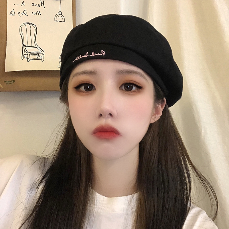 Mũ Beret Màu Trơn Thêu Chữ Phong Cách Retro Anh Quốc Thời Trang Thu Đông Cho Nữ