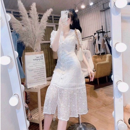 Đầm Ôm Body⚡️FREESHIP⚡️ Đuôi Cá Cổ V Dáng Dài Đính Hạt Xinh Xắn