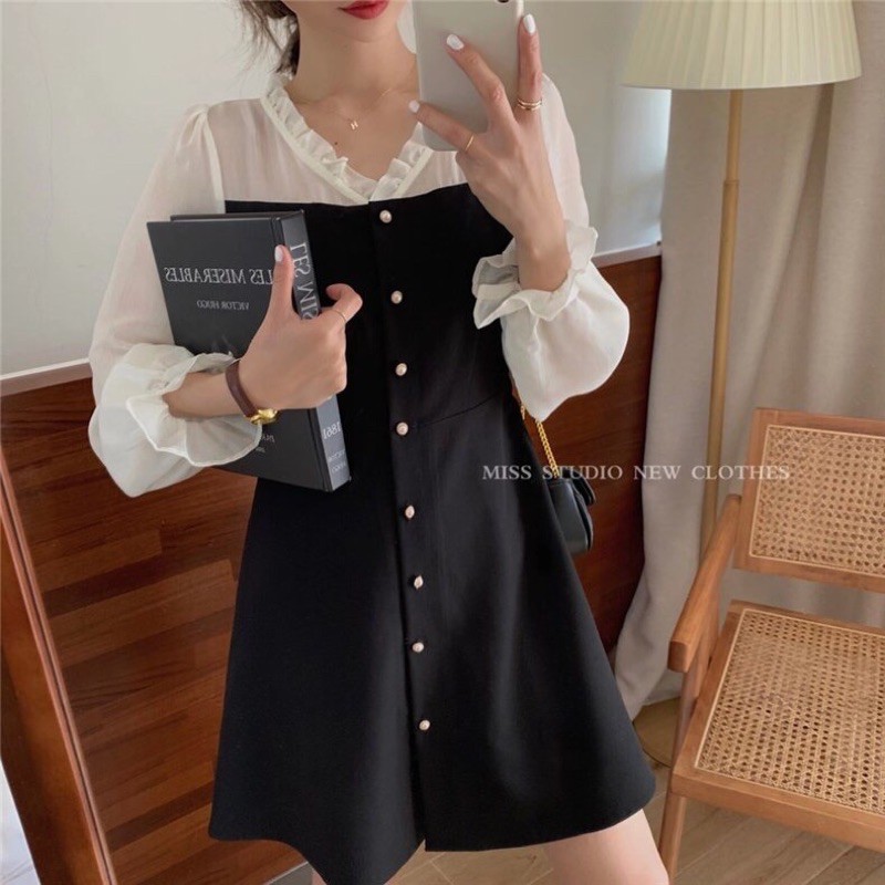 Đầm kaki phối tay voan