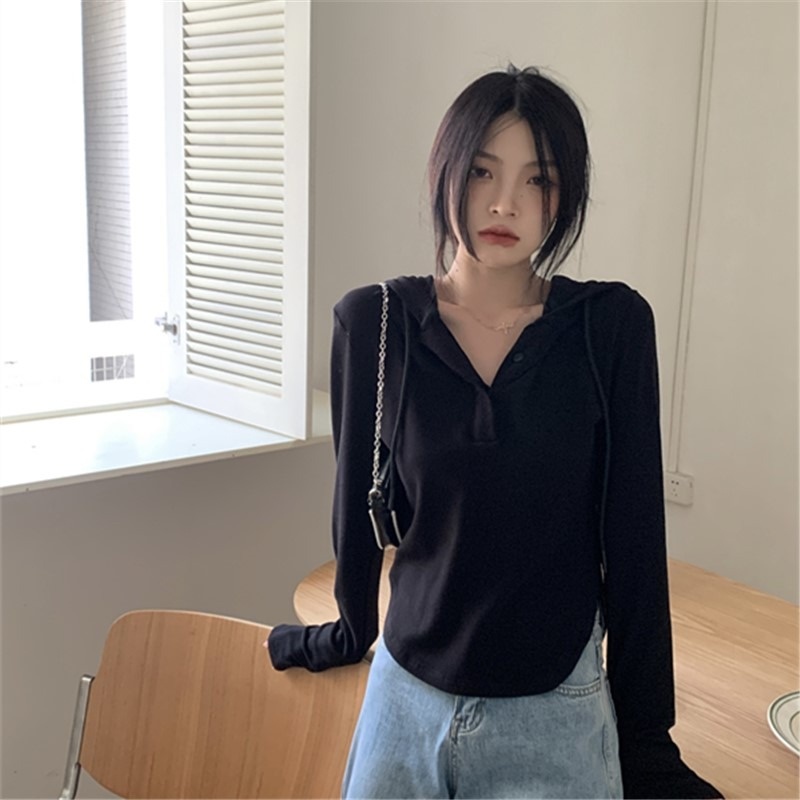 Áo hoodie ZHELIHANGFEI dài tay cổ chữ V eo cao thiết kế quyến rũ thời trang cho nữ