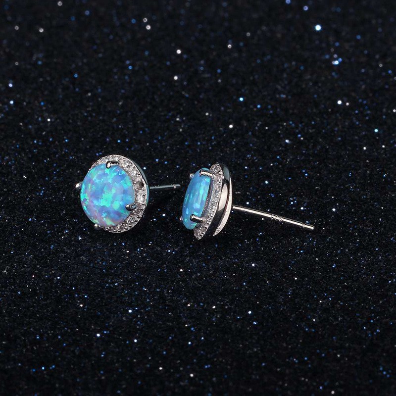 Khuyên Tai Mạ Bạc Đính Đá Opal Xanh