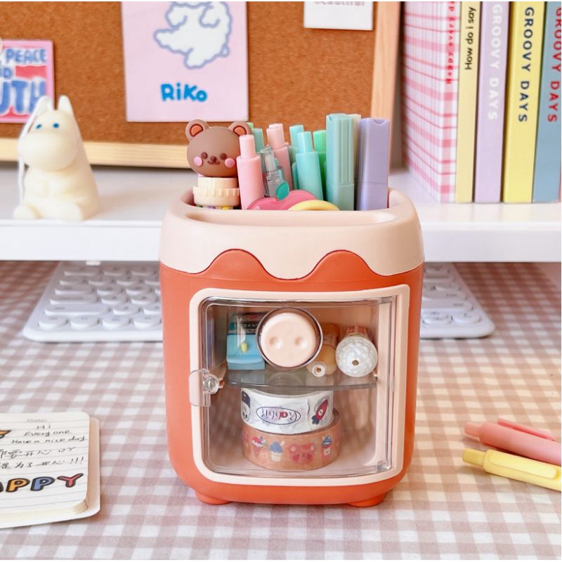 Kệ đựng bút, trang sức để bàn tủ văn phòng ngăn trong suốt hình Mũi Heo ngộ nghĩnh kèm sticker decor hộp đựng cute