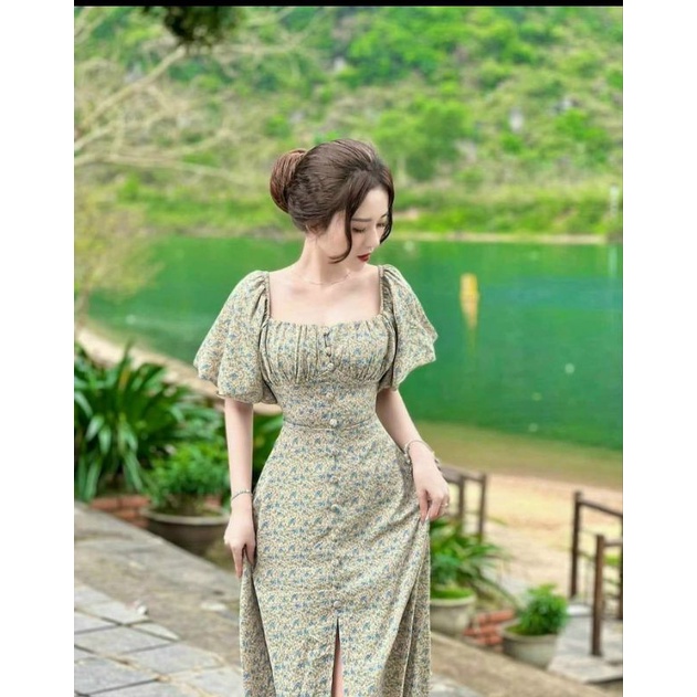 đầm hoa nhí dáng dài cổ vuông tay bồng(SP chốt trên live)